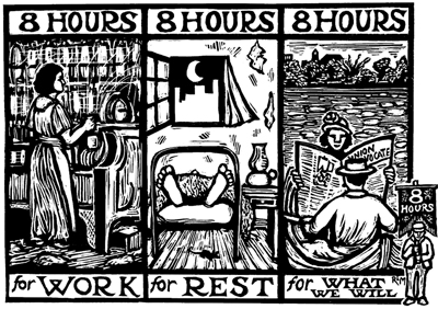 Woodcut style poster, of someone working, sleeping and reading in a boat