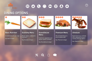 5 options for meals, with an image, price and short description. Cheapest is a single carrot, most expensive is a lobster dinner.