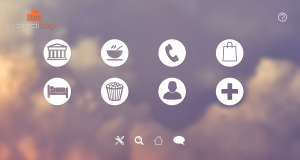 Unlabelled icons of a phone, person, shopping bag, etc over a gentle cloud background.