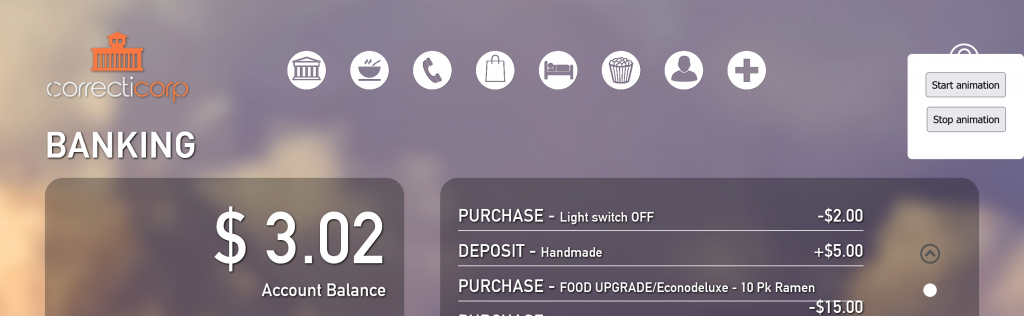 A bank balance and transactions list, with an extra popup menu for buttons that start and stop animation of the bank balance.